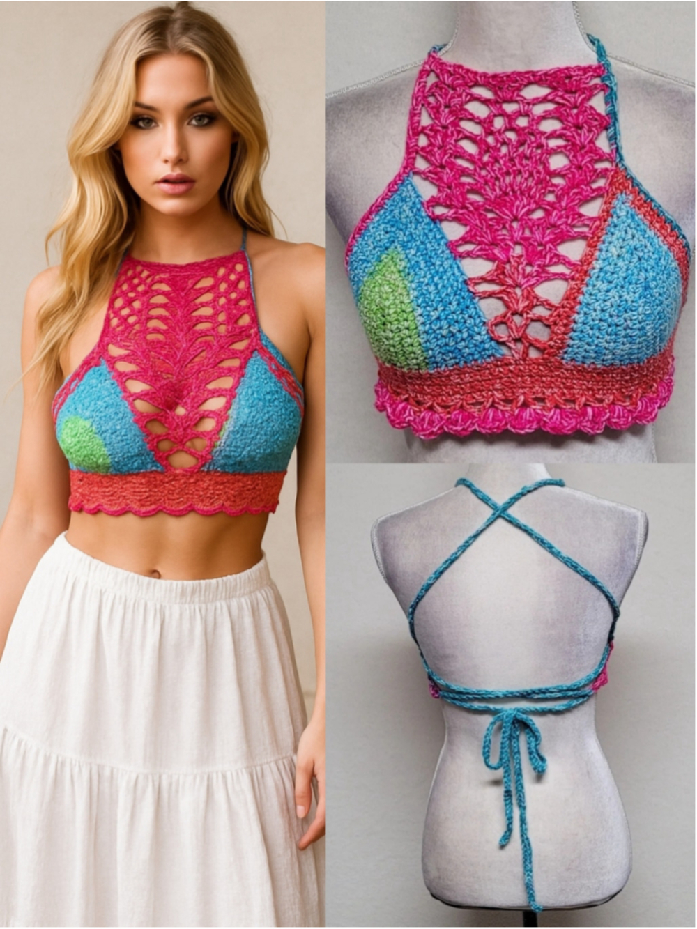 Sexy Handmade Pineapple Crochet Neon Pink Green Tie-Back Racerback Crop Top OSFA